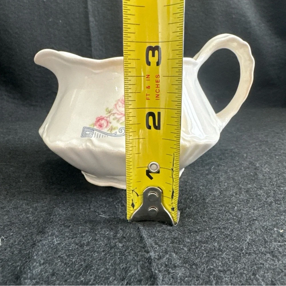 Rare 1941 Homer Laughlin Creamer Pitcher 3 Pink Peonies w/ Blue Geometric Scroll